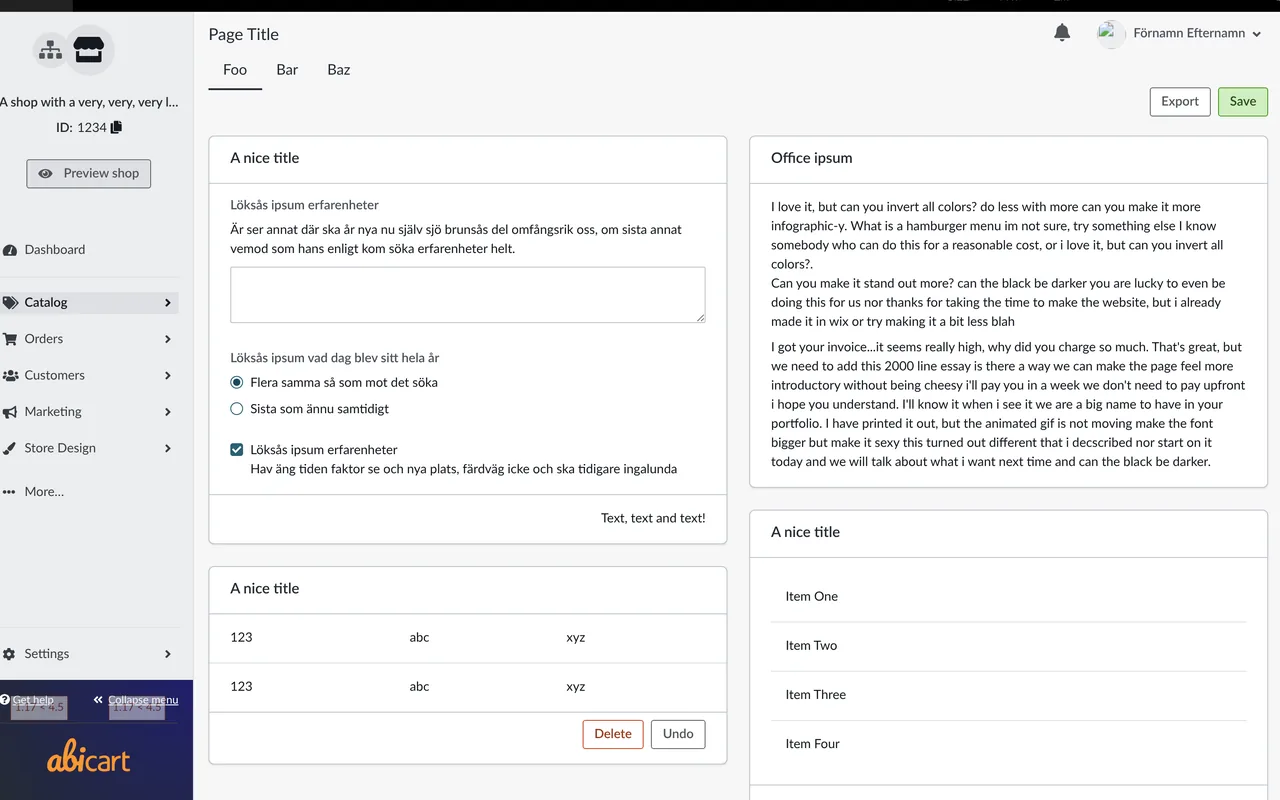 Textile, the Abicart pattern library: an example admin page composed from the design system's cards, forms and tables