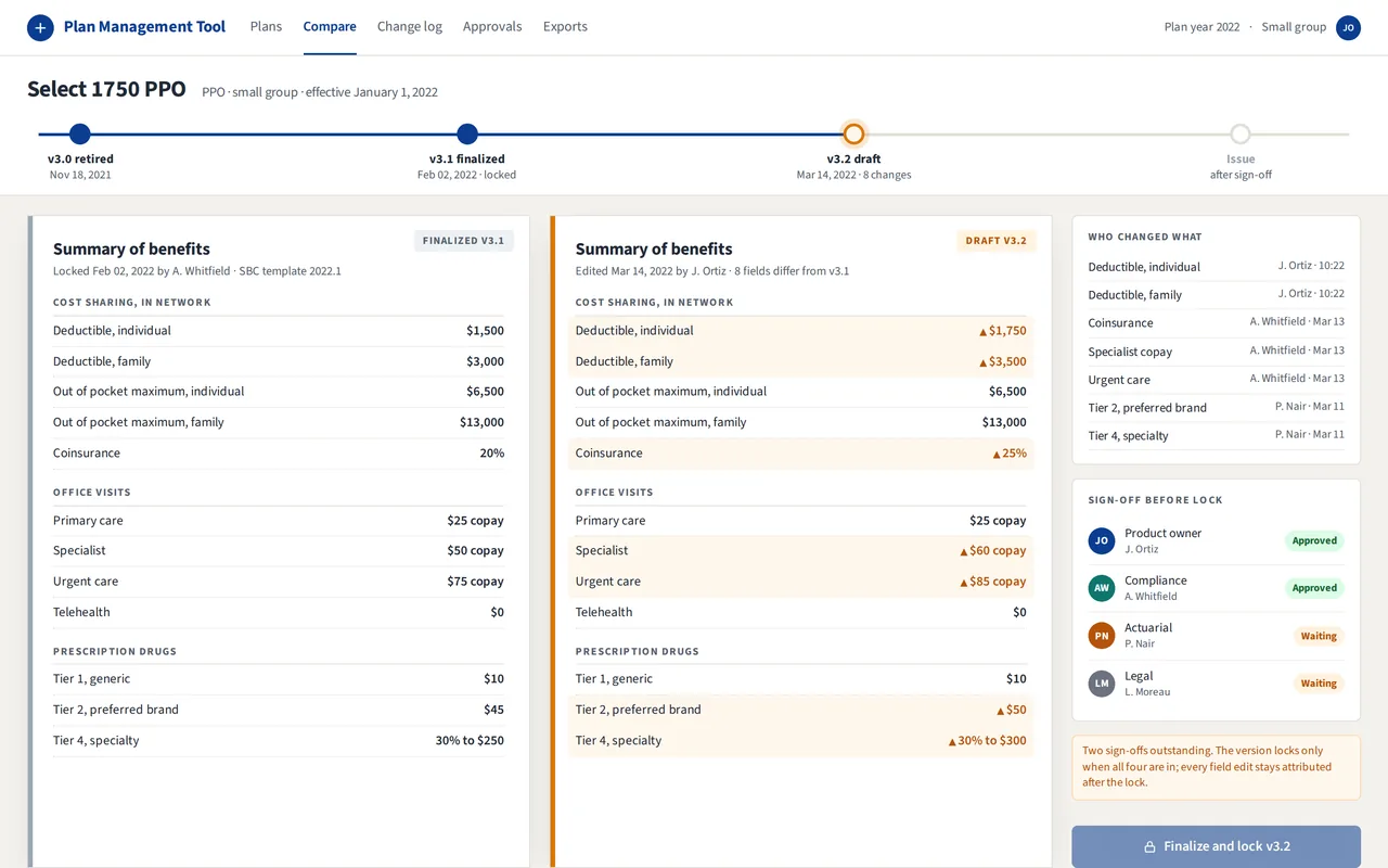 Representative screen of a plan management tool: two plan versions compared side by side with changed benefit fields highlighted, a field-level change log and a finalize and lock action