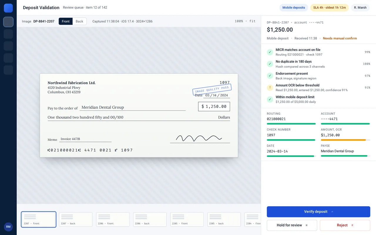 Representative screen of a deposit validation queue: a table of online deposits with MICR, duplicate and amount checks, and a review panel with check images and extracted fields