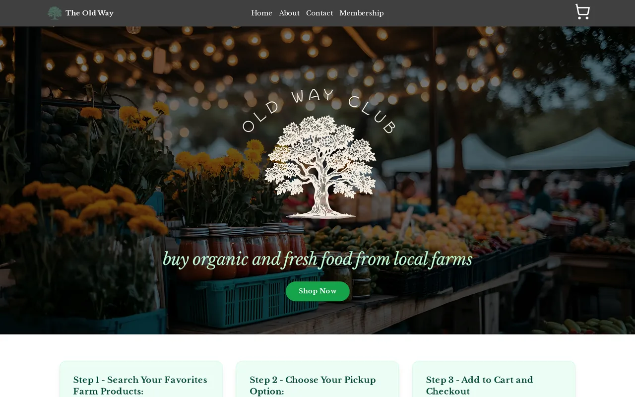 Old Way Club storefront home page: hero over a farmers market photo with a Shop Now button and the three ordering steps