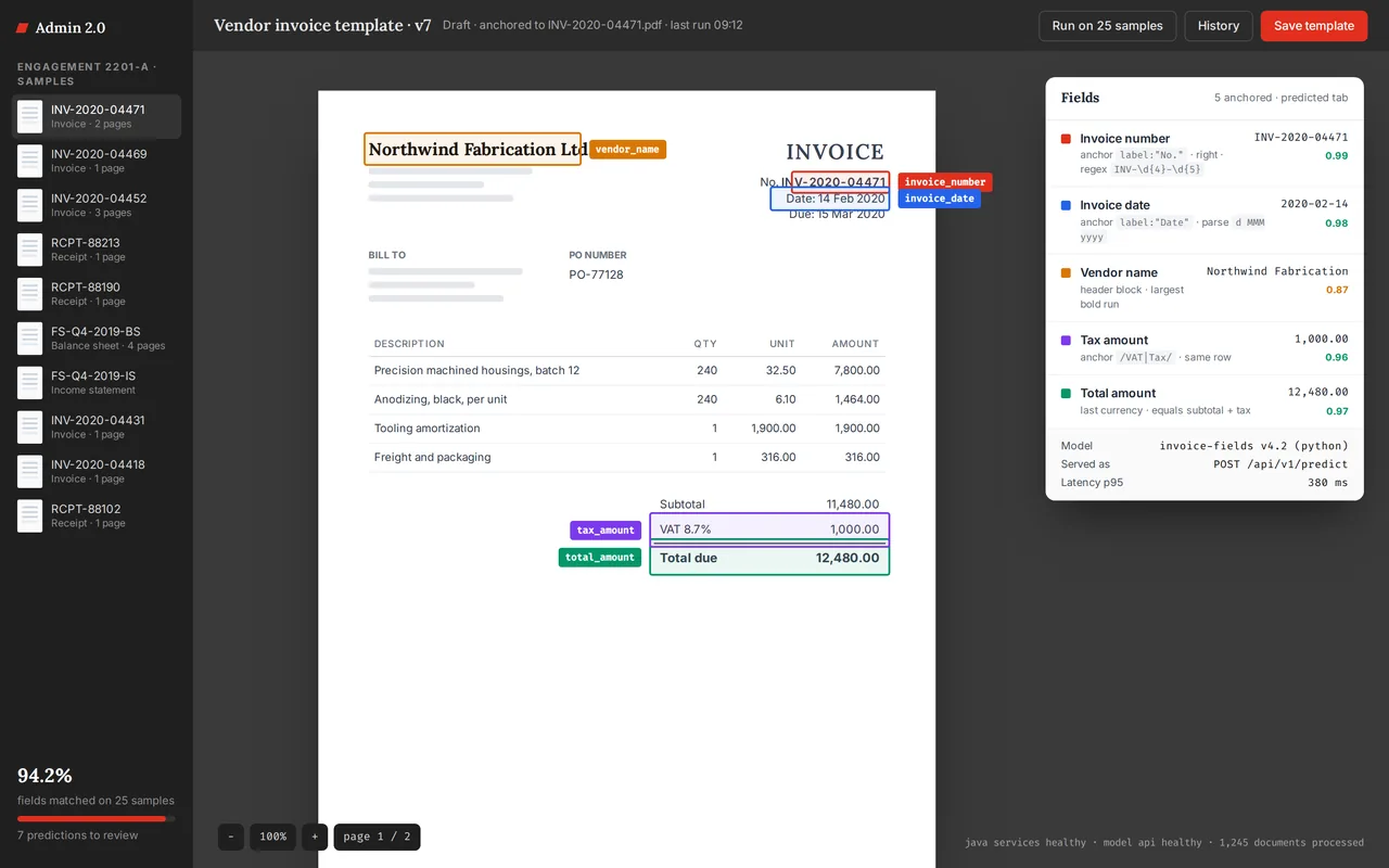 Representative screen of a template builder: an invoice with highlighted field regions and, beside it, the predicted values and confidence for each field