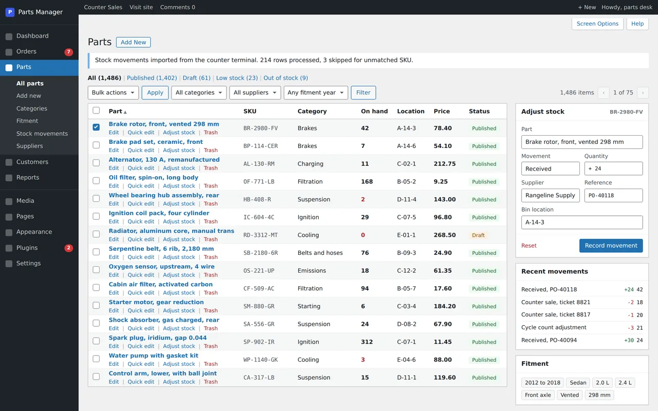 Representative screen of the parts inventory: an admin list of parts with SKU, category, quantity on hand, bin location and price, beside the panel that adjusts a quantity